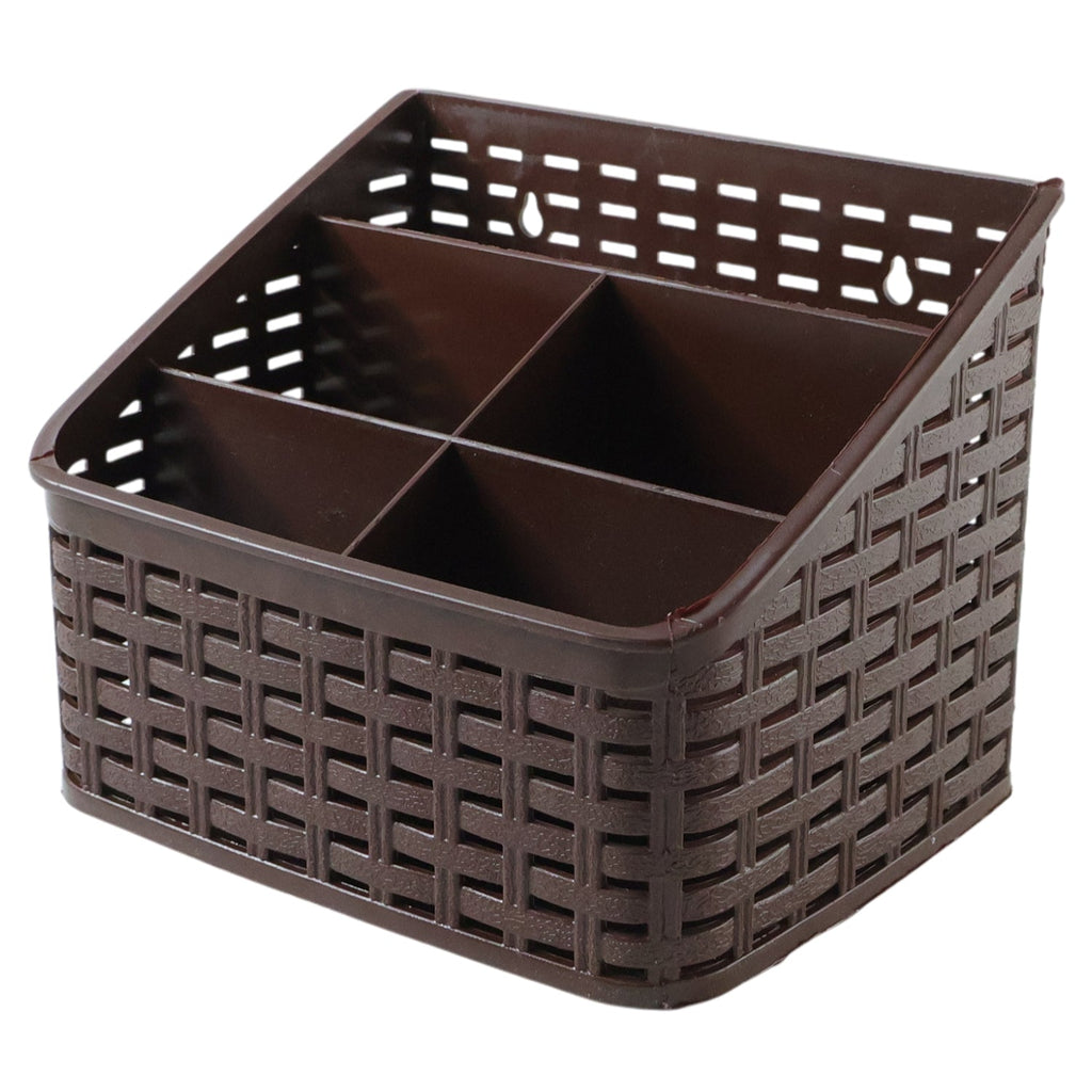 Close up of woven multipurpose desk organizer basket