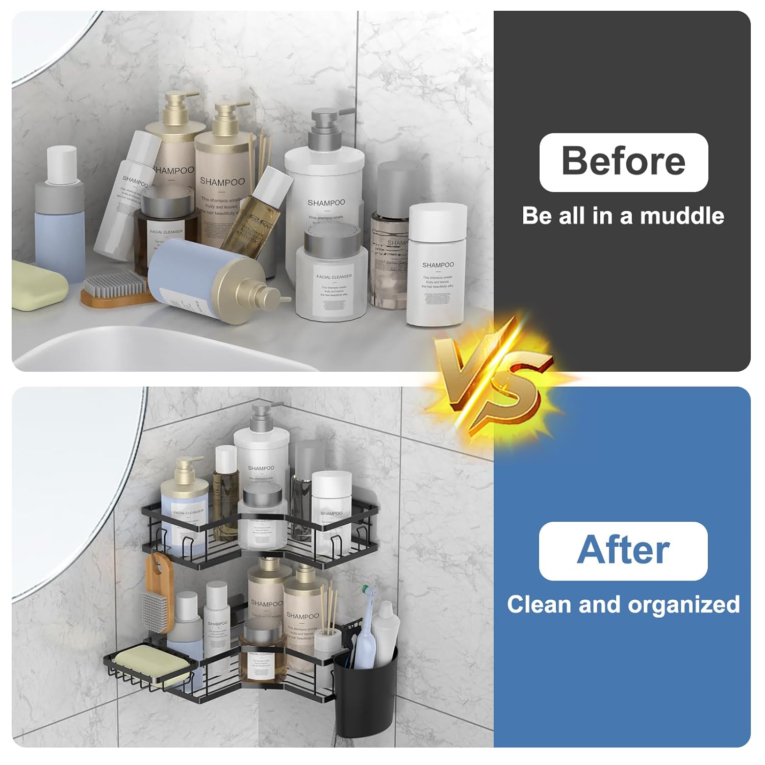 Corner shelf organizer adhesive backing showing easy self-adhesive installation method
