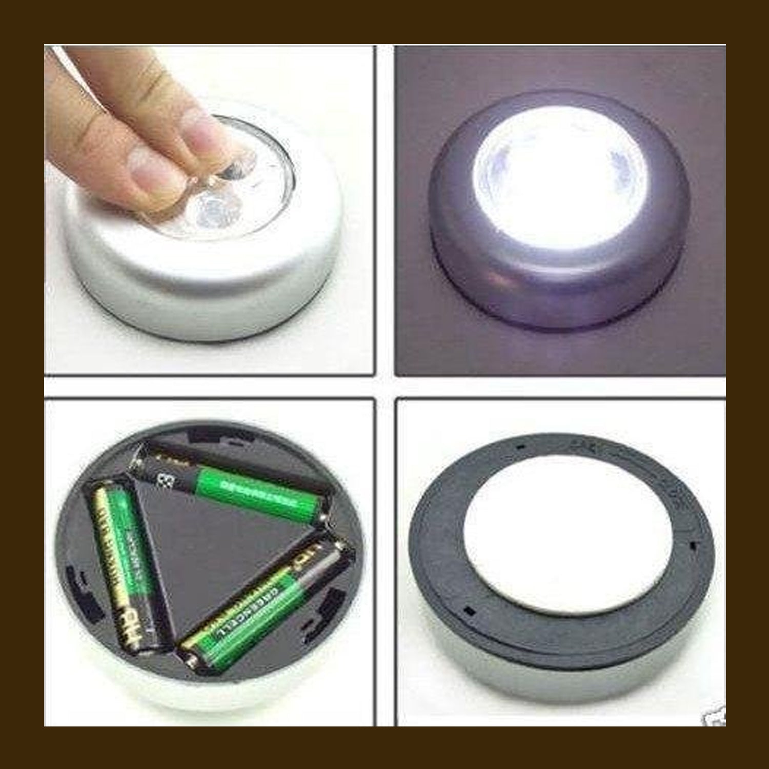 Cordless LED light providing instant illumination for dark cabinets.