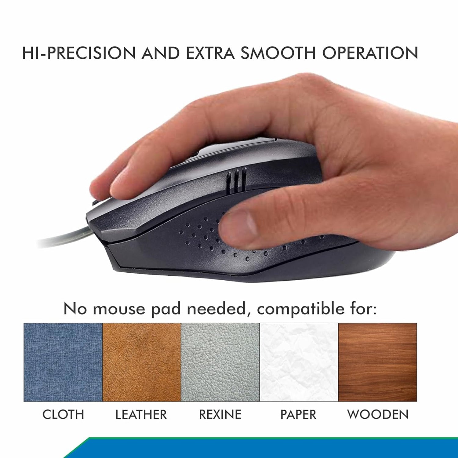 Ergonomic design of the wired optical mouse, showing its comfortable grip for daily use.