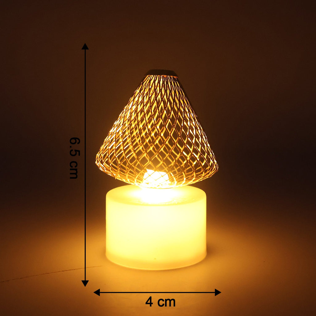 Close-up view of LED flameless tealight candle light with golden net shade