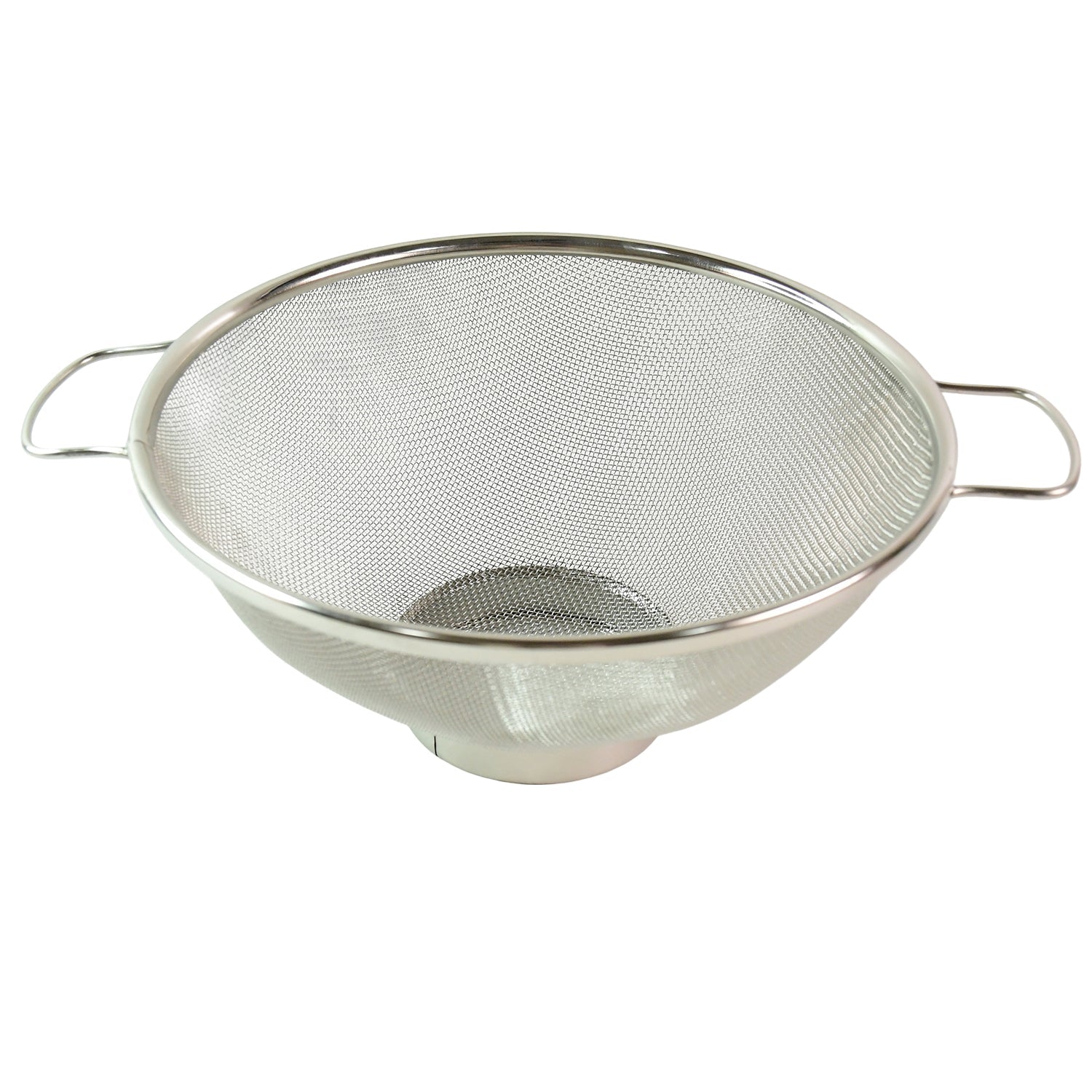 Polished stainless steel mesh colander filled with fresh vegetables for rinsing