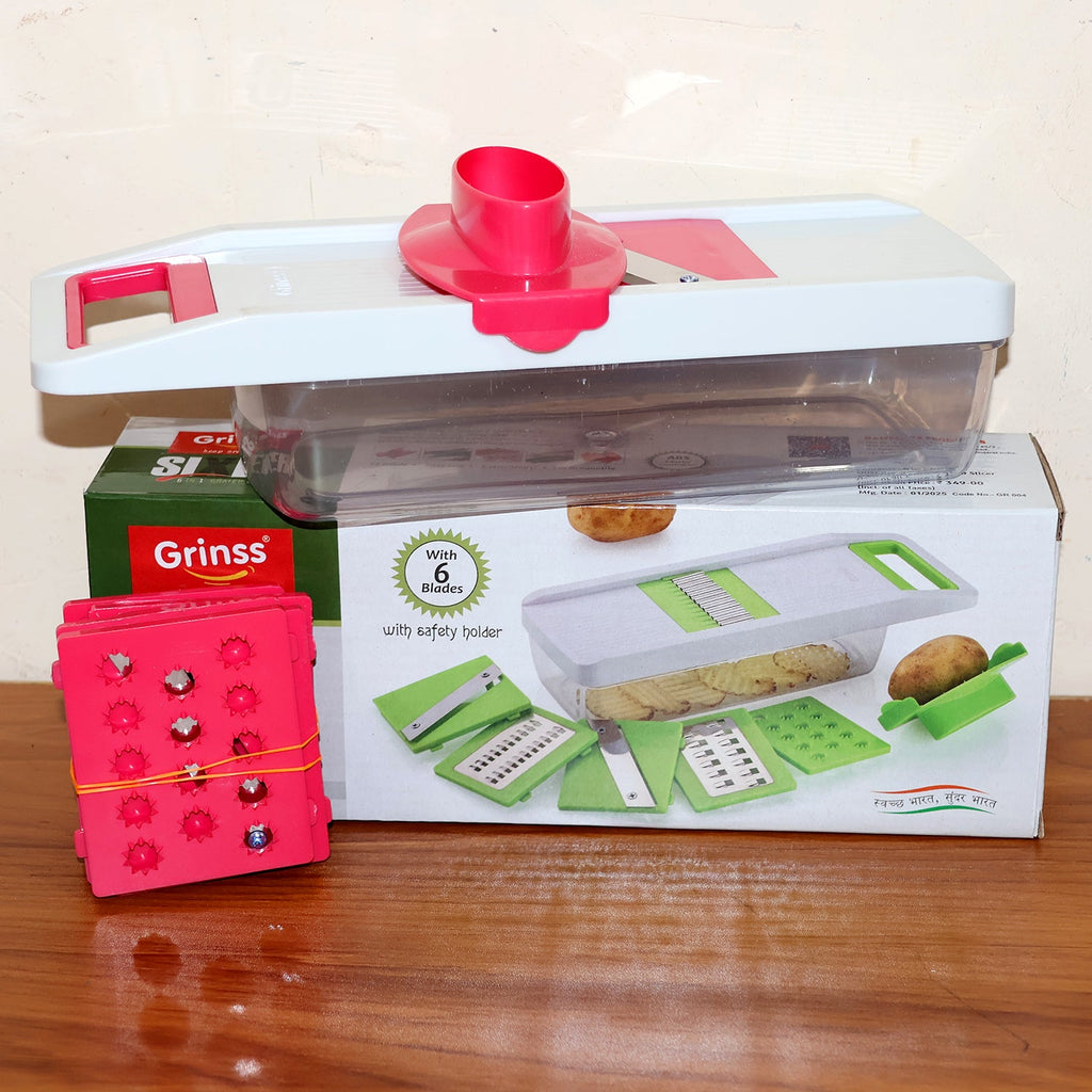 All components of the vegetable slicer kit neatly arranged for display.