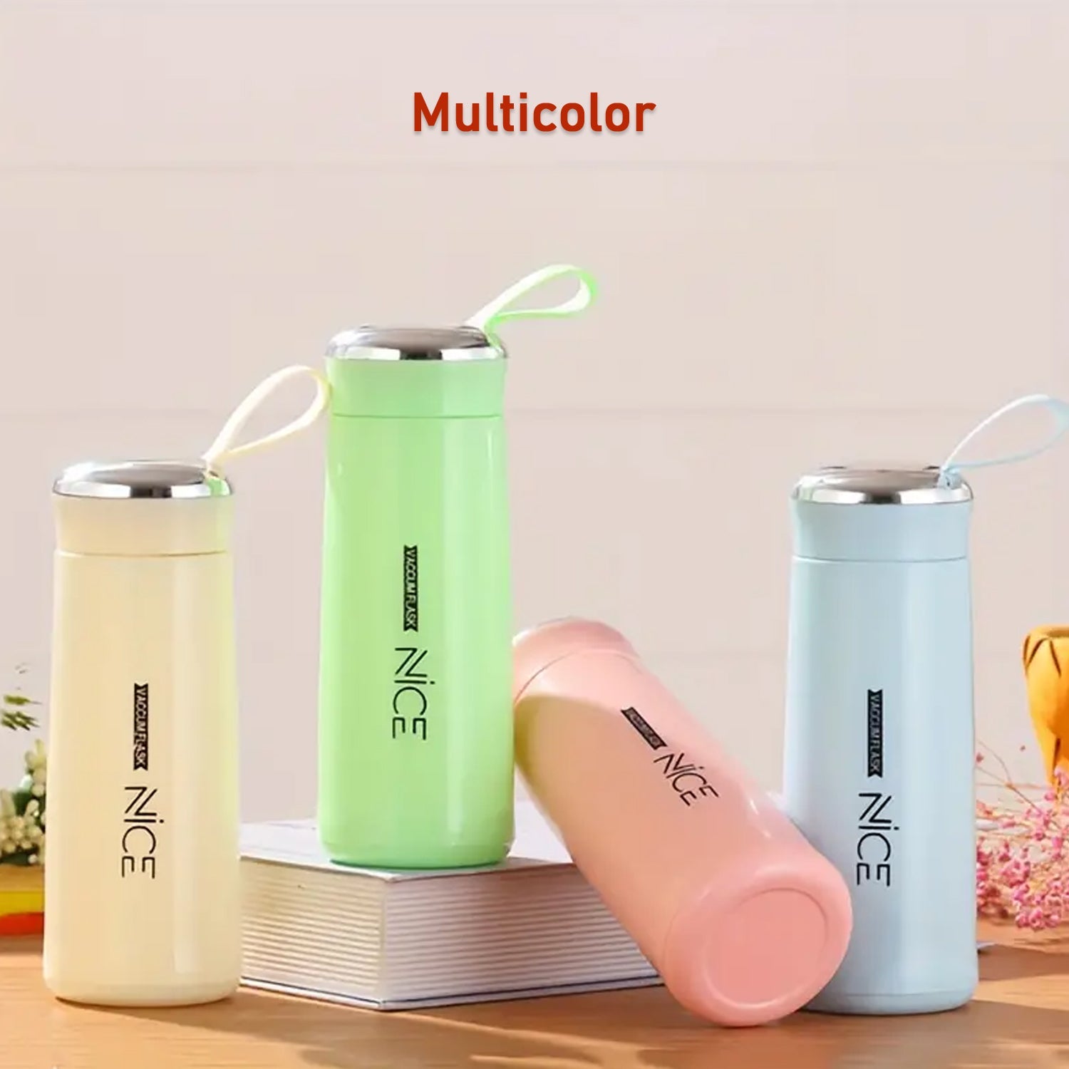 Portable 300ml glass water bottle featuring a secure bamboo lid and a convenient carrying loop.