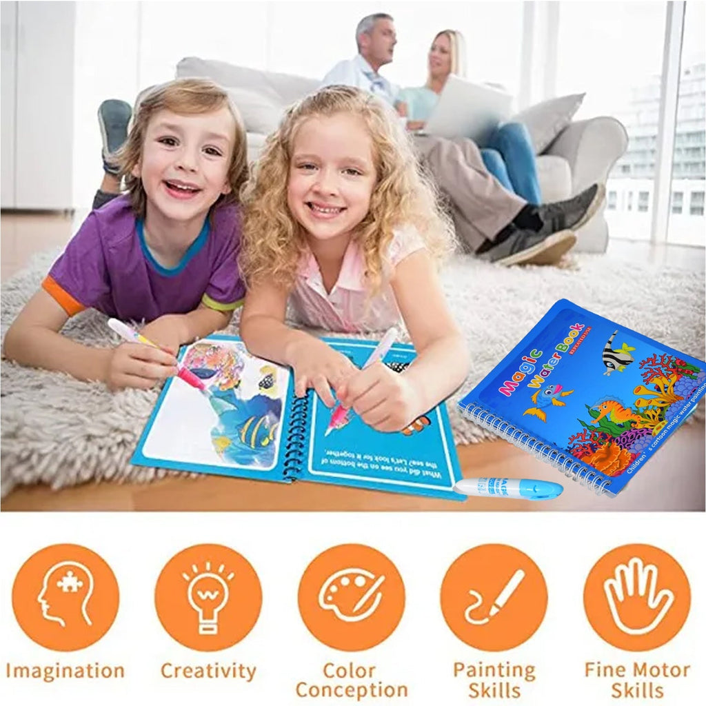 An open Magic Water Coloring Book showcasing its mess-free activity and easy-grip pen.