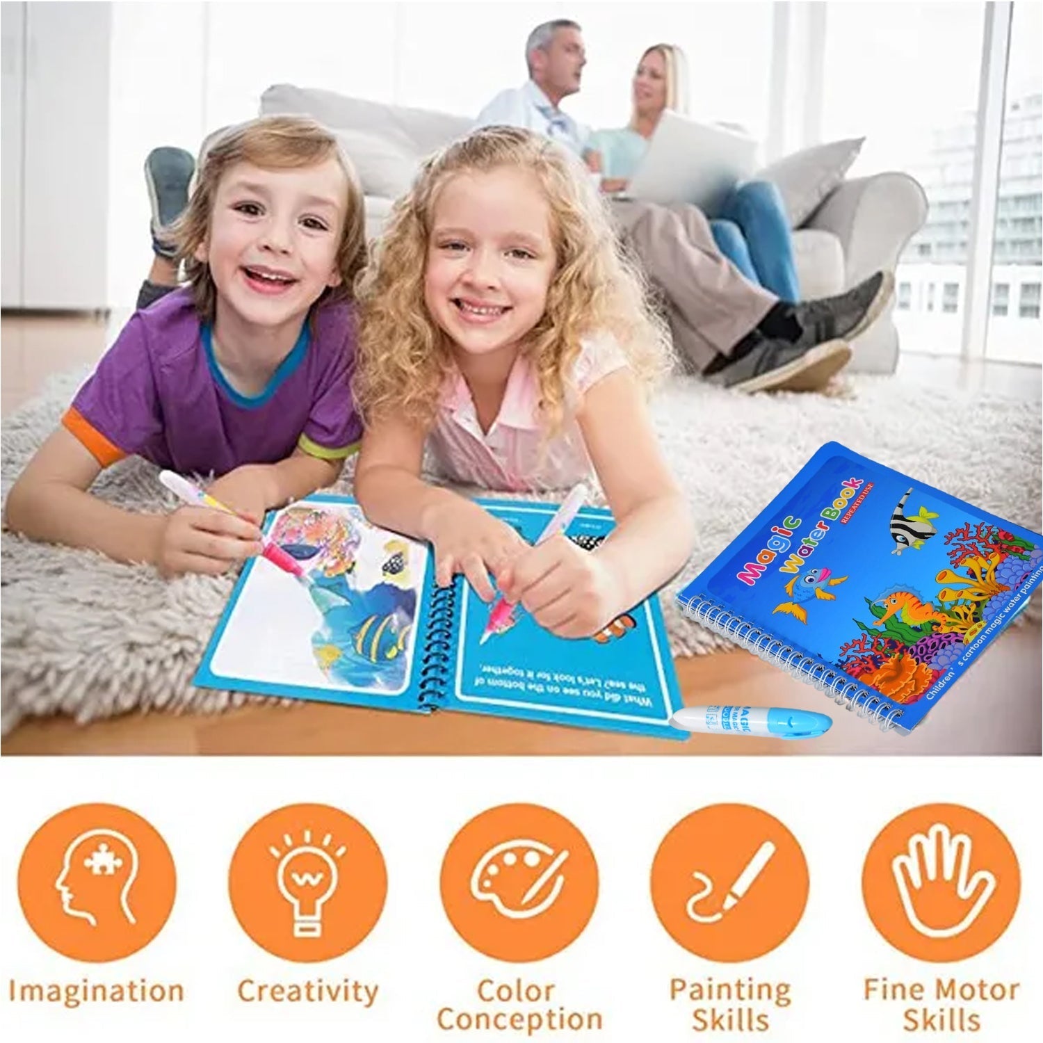 An open Magic Water Coloring Book showcasing its mess-free activity and easy-grip pen.