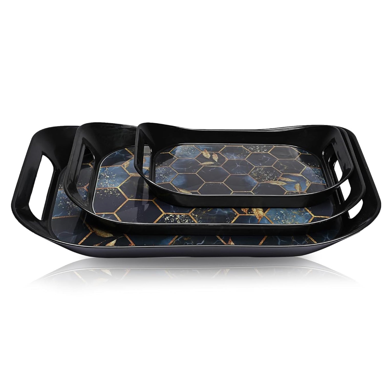 Elegant plastic serving tray set with eye-catching golden hexagonal print