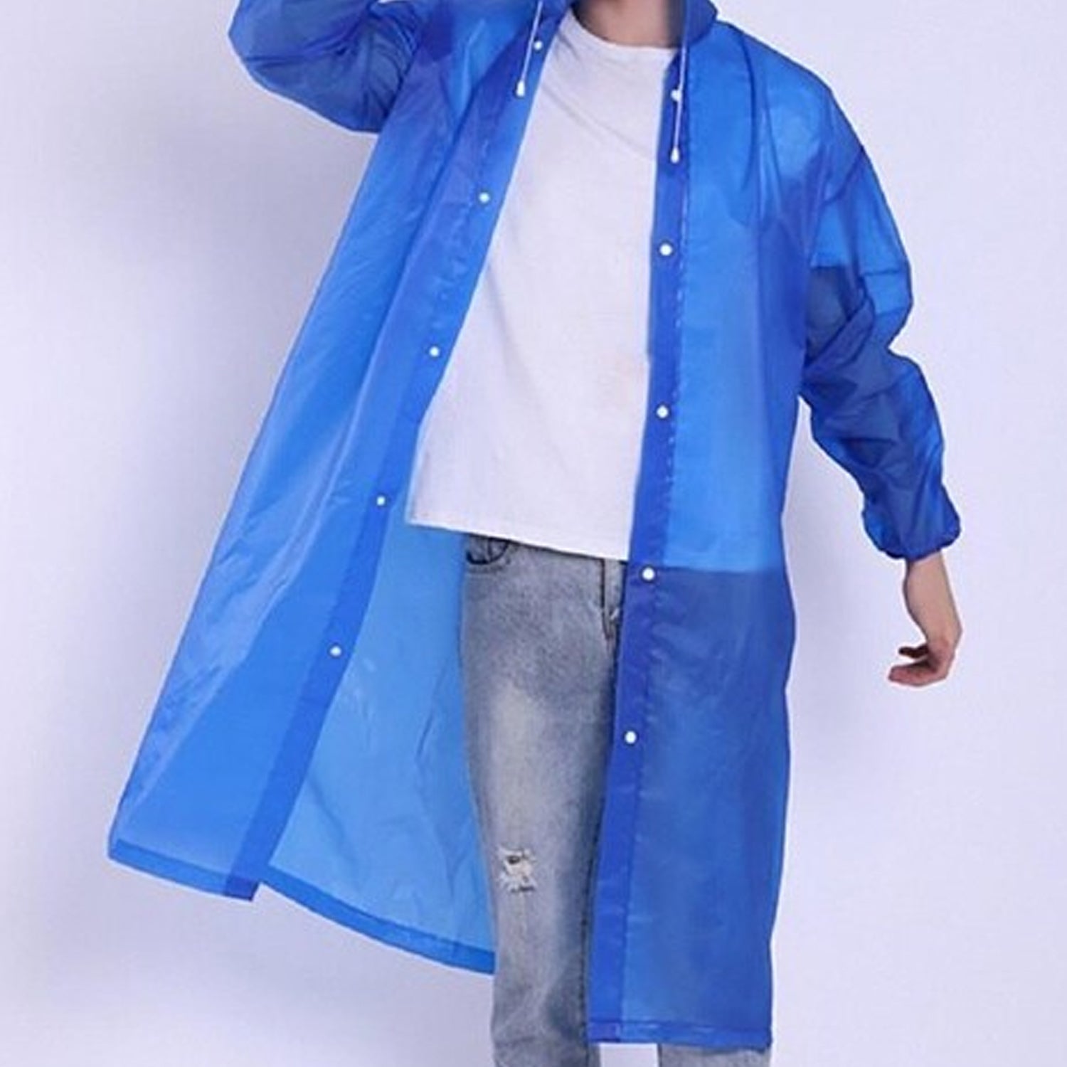 Compact foldable outdoor rainwear gear, showing how easily it stores away.