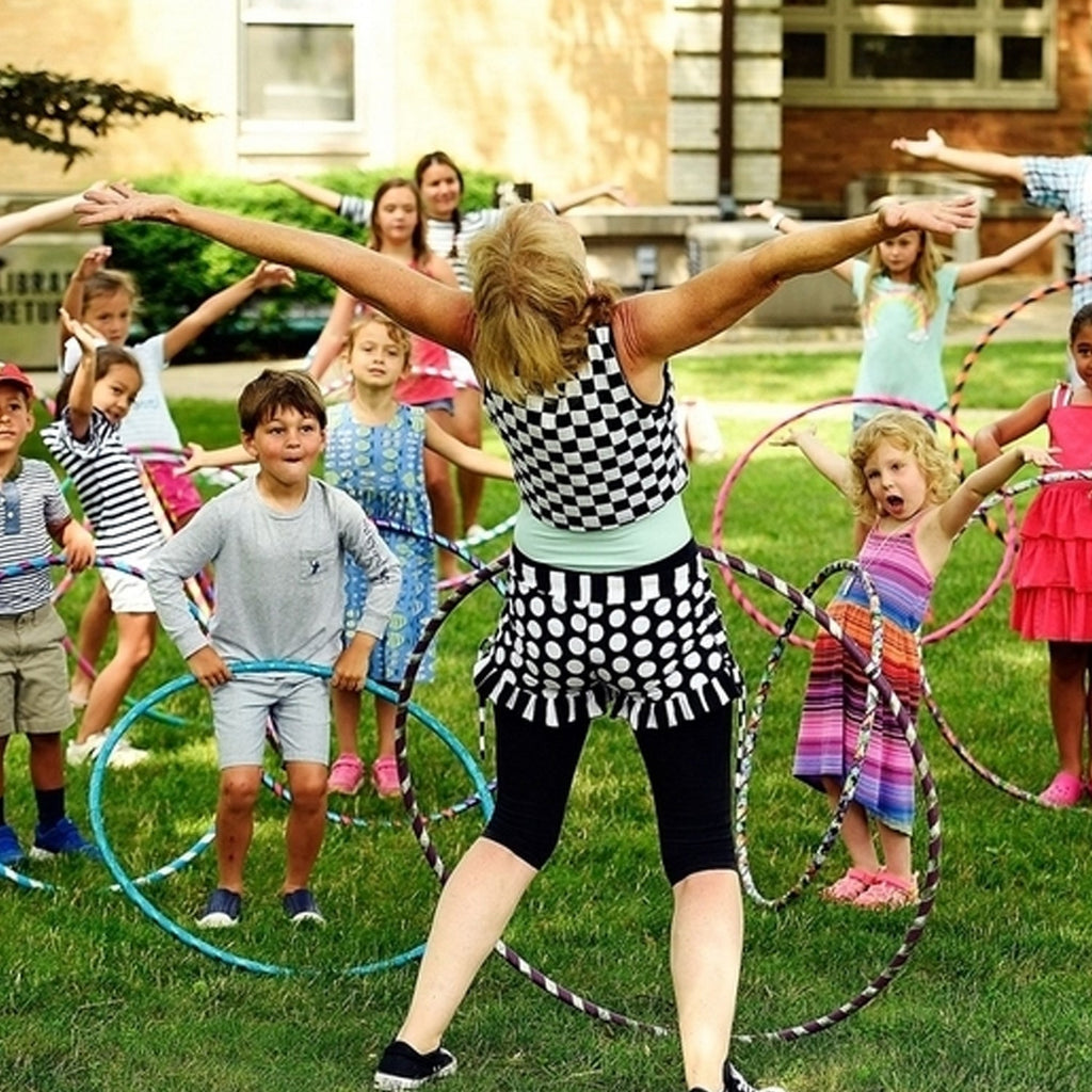 Adjustable fitness hula hoop with various size configurations.