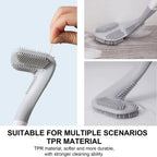 Golf toilet brush demonstrating its flexible head for reaching under the rim.