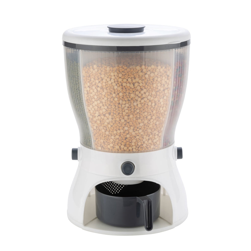 Assortment of grains and cereals neatly stored within the multi-compartment rice dispenser.