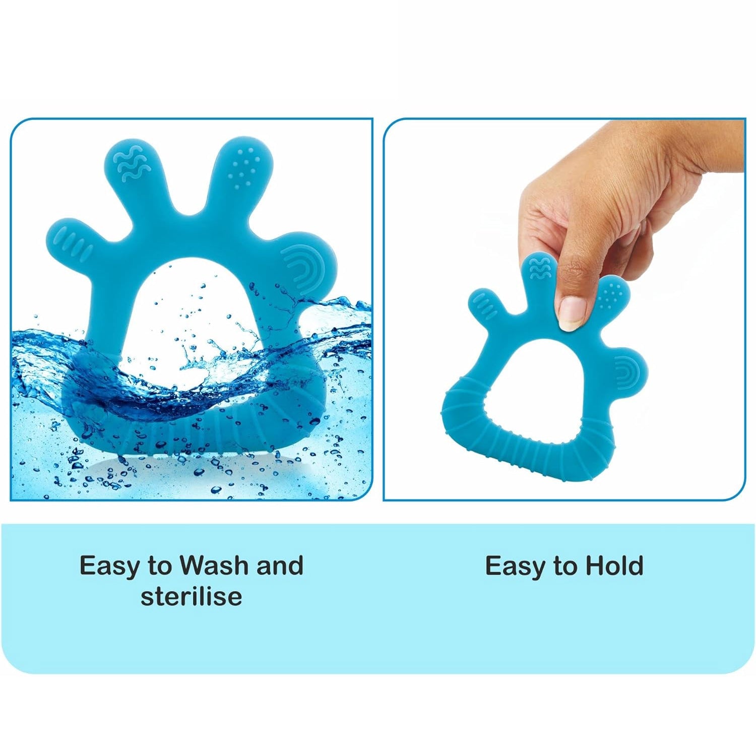 A baby's hand reaches for a soft silicone teether on a cozy blanket.