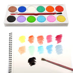 Closed non-toxic watercolor kit with 12 shades and a paint brush, perfect for art students.