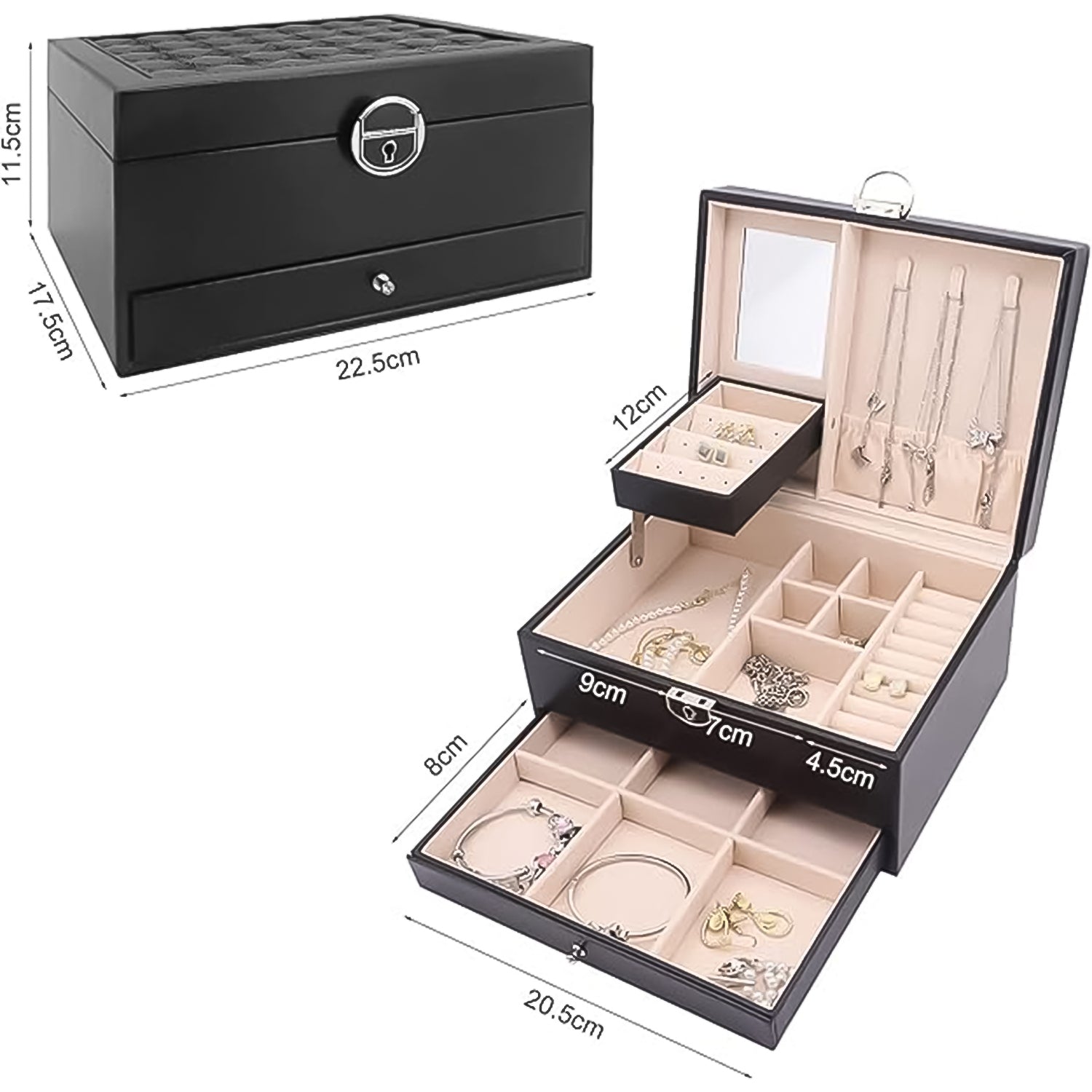 Top view of the multi-layer jewellery box with rings, earrings, and necklaces displayed.