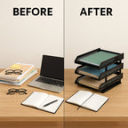 Organized office desk featuring the sleek multifunctional file rack.