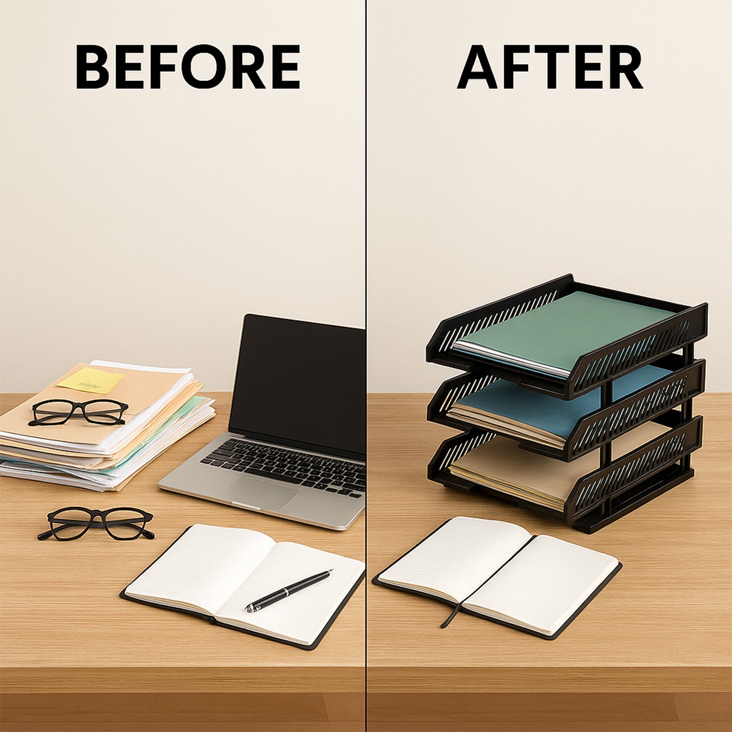 Organized office desk featuring the sleek multifunctional file rack.