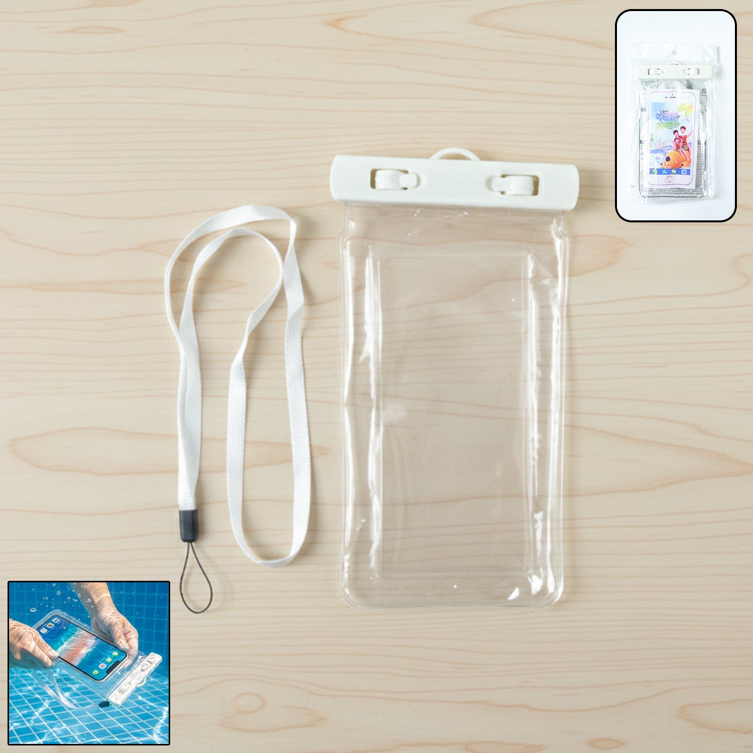 Beach ready white waterproof phone bag with lanyard for easy carrying