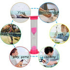A red 3-minute sand timer used in a kitchen setting, perfect for cooking or baking.