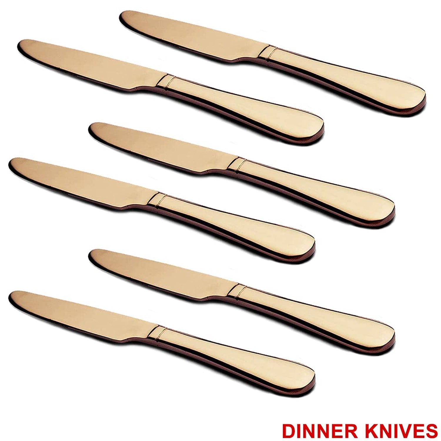 Top-down view of a single gold dinner knife and spoon.