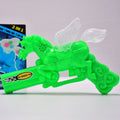 Child holding a colorful musical laser light toy gun with bright effects.