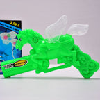 Child holding a colorful musical laser light toy gun with bright effects.