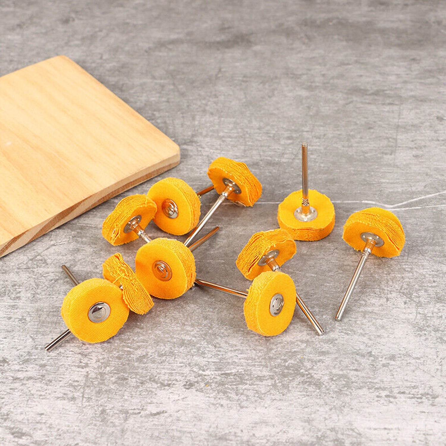 Close-up of the polishing buffer wheel set with rotary drill compatibility.