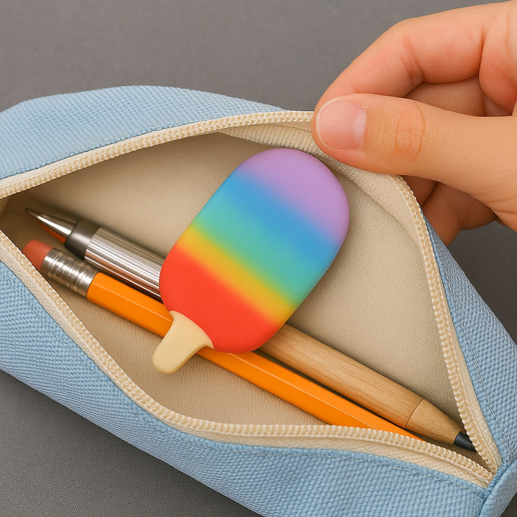 Popsicle erasers alongside other school stationery items on a desk.