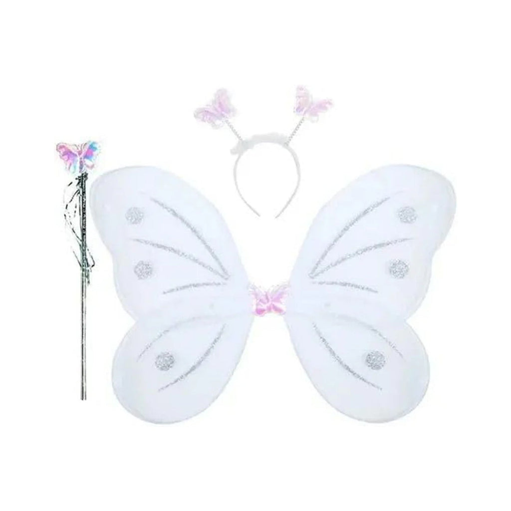 Little girl posing with her multi-color fairy butterfly wings and a sparkling wand.