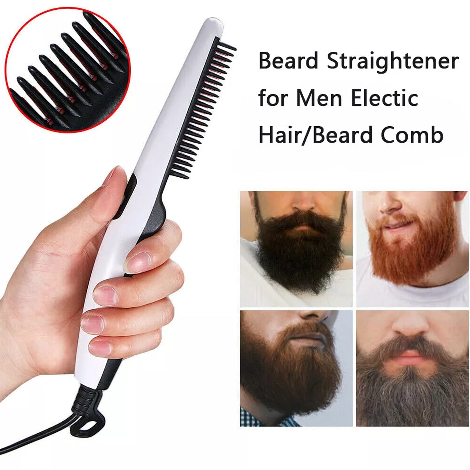 Electric hair straightening comb in a stylish black finish.