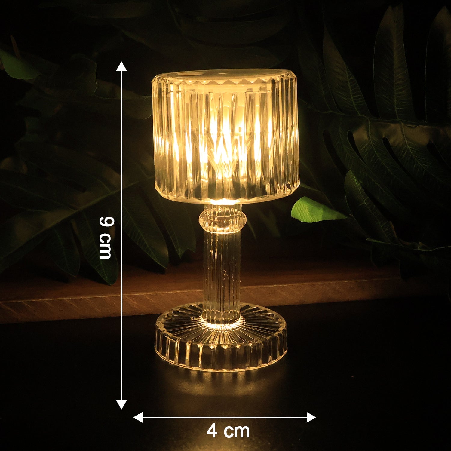 Battery operated LED crystal-effect table lamps arranged elegantly as warm ambient lighting