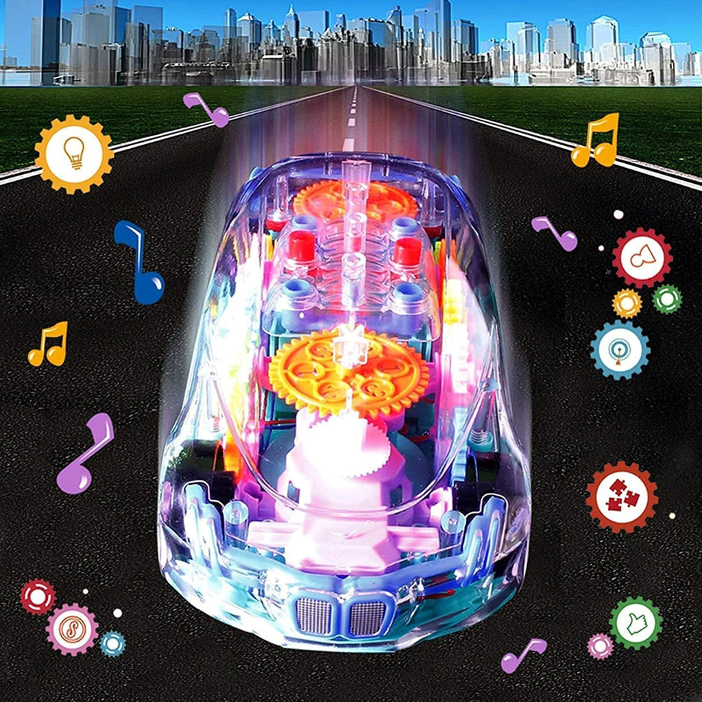 Top-down view of the interactive gear car toy, ready for play with its musical capabilities.