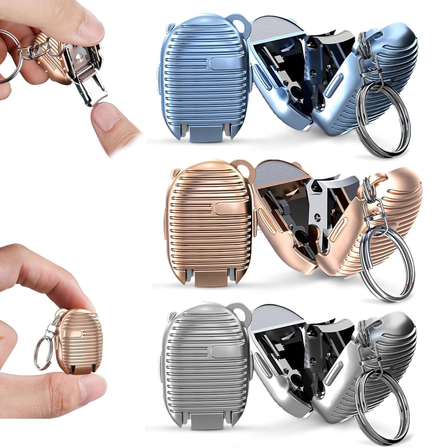 Multicolor keychain nail clipper, folded and ready for use.