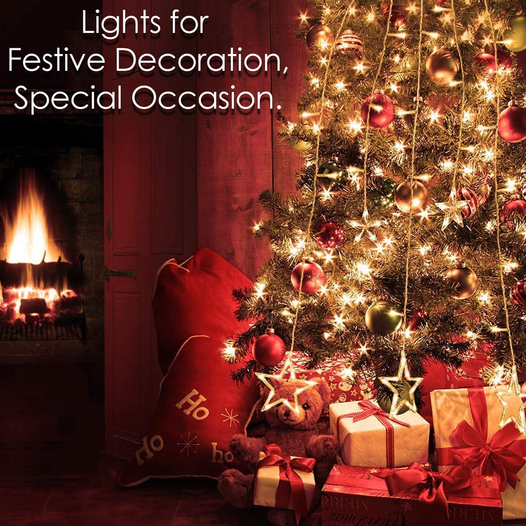 Festival curtain lights with twinkling star-shaped bulbs enhancing a room's decor.