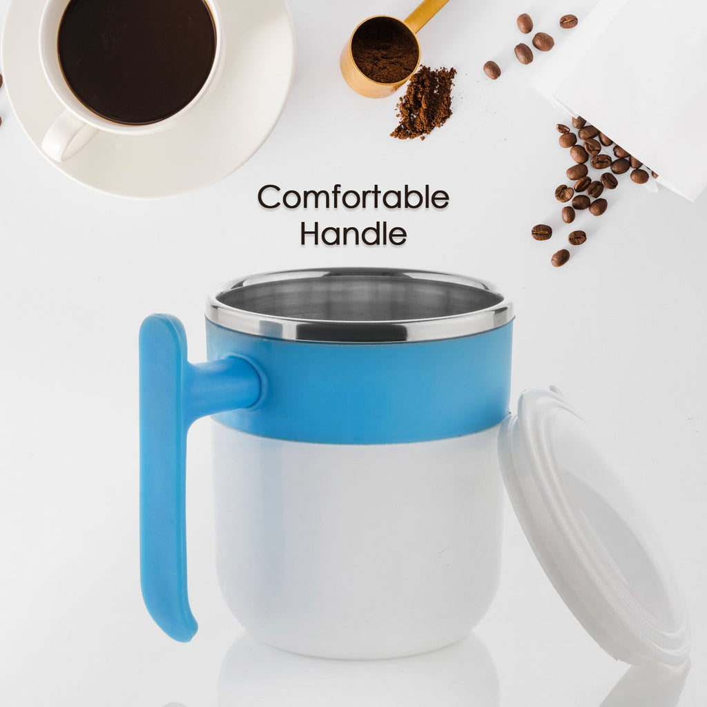 Insulated mug holding a steaming hot coffee, highlighting its temperature retention.
