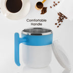 Insulated mug holding a steaming hot coffee, highlighting its temperature retention.
