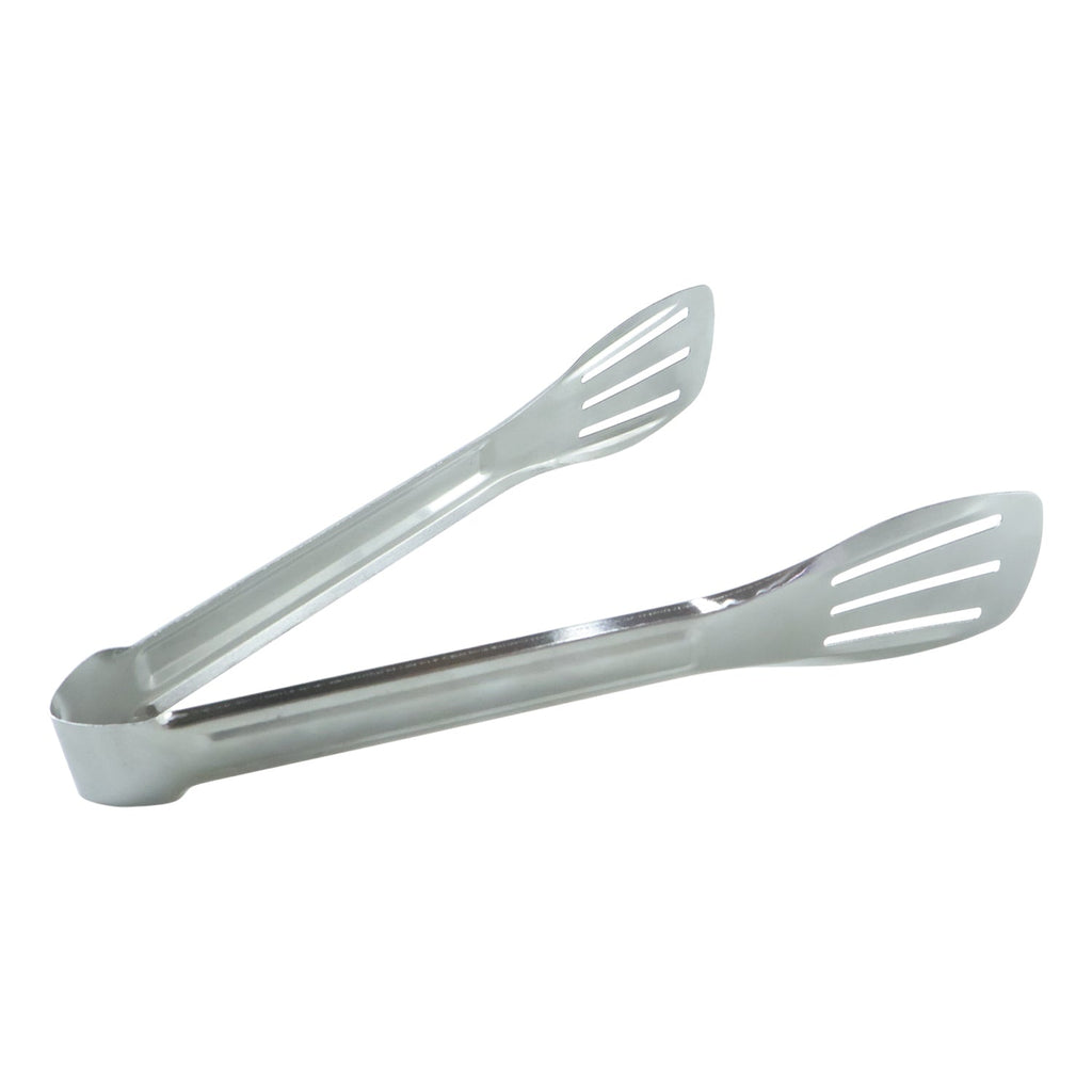 Food securely held by stainless steel serving tongs for easy serving