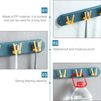 Modern wall-mounted bathroom shelf with hooks, perfect for hygienic toothbrush storage.