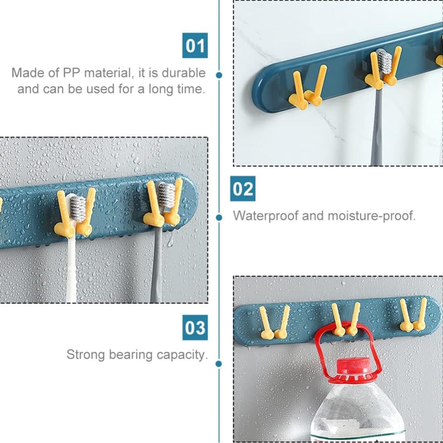 Modern wall-mounted bathroom shelf with hooks, perfect for hygienic toothbrush storage.