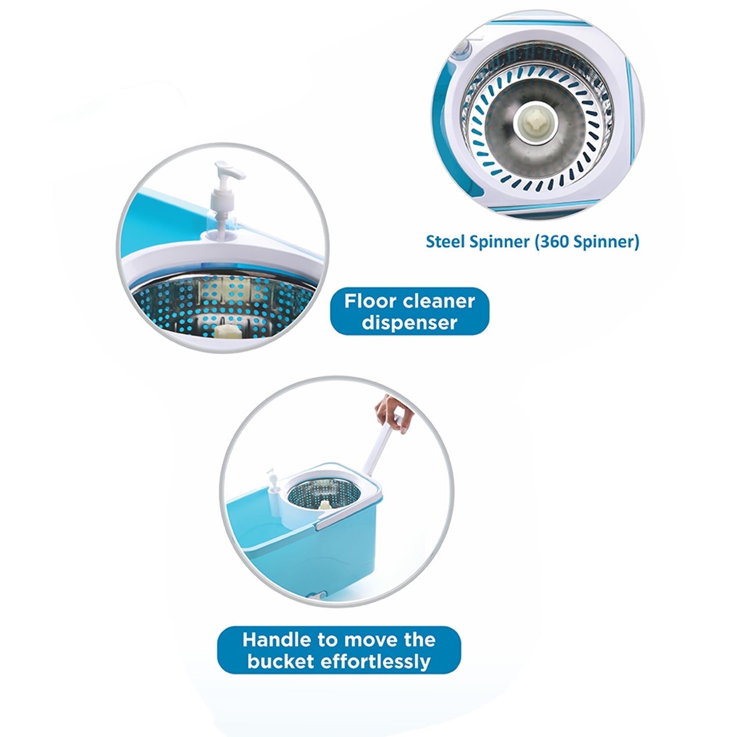 Close-up of the Ganesh spin mop's bigger wheels, ensuring smooth movement.