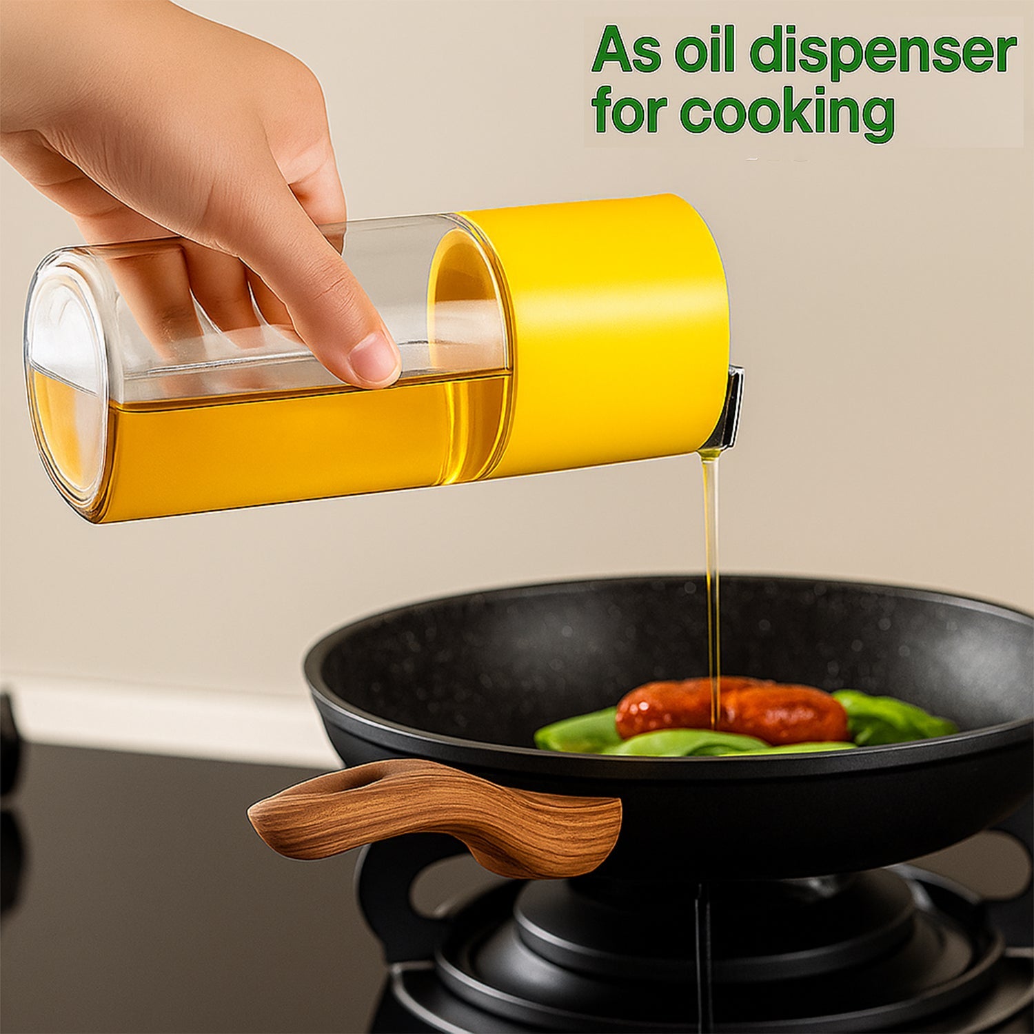 Close-up of 500 ml oil dispenser showing controlled pouring spout