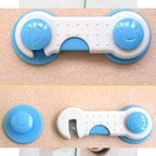 Child safety lock shown securing both cabinet and fridge doors.