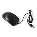 Black wired optical mouse connected to a laptop, demonstrating its plug-and-play convenience.