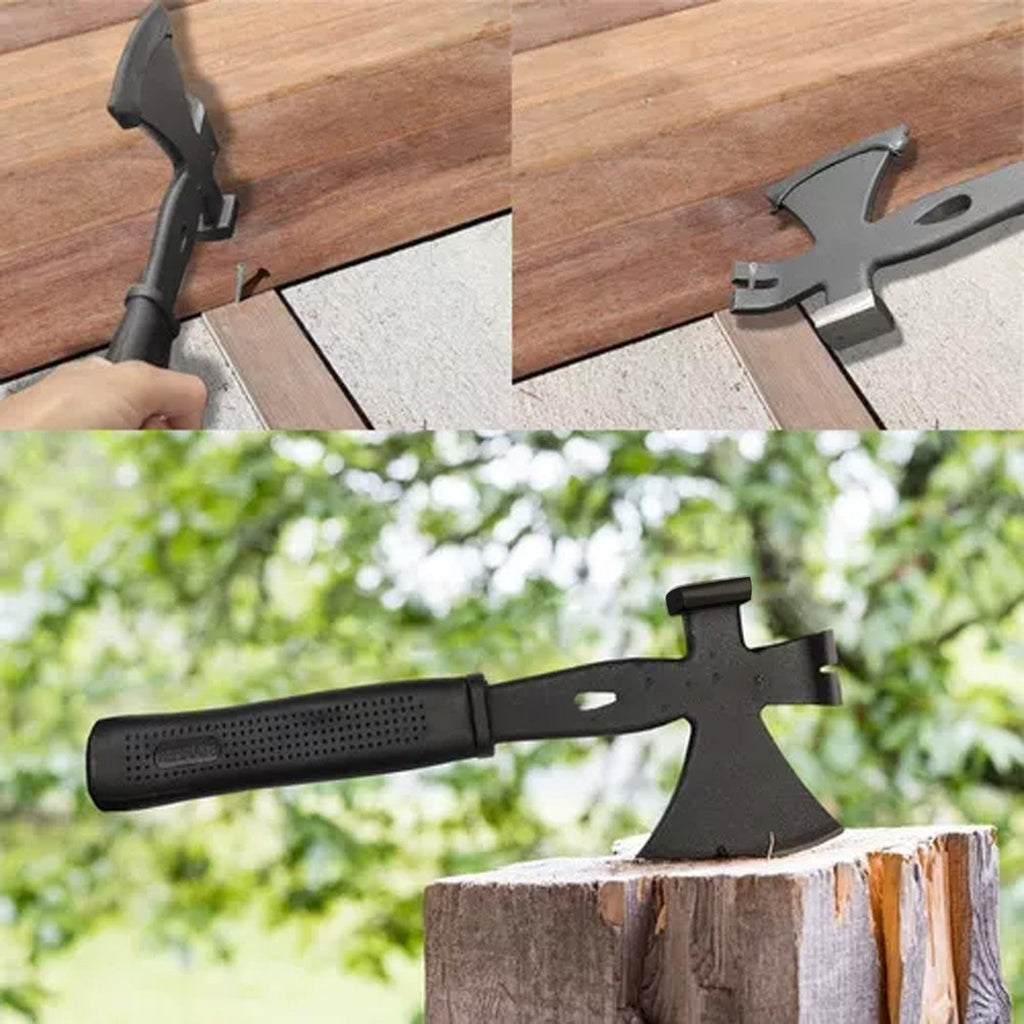 Ergonomic camping axe with convenient nail remover and heavy-duty hammer.