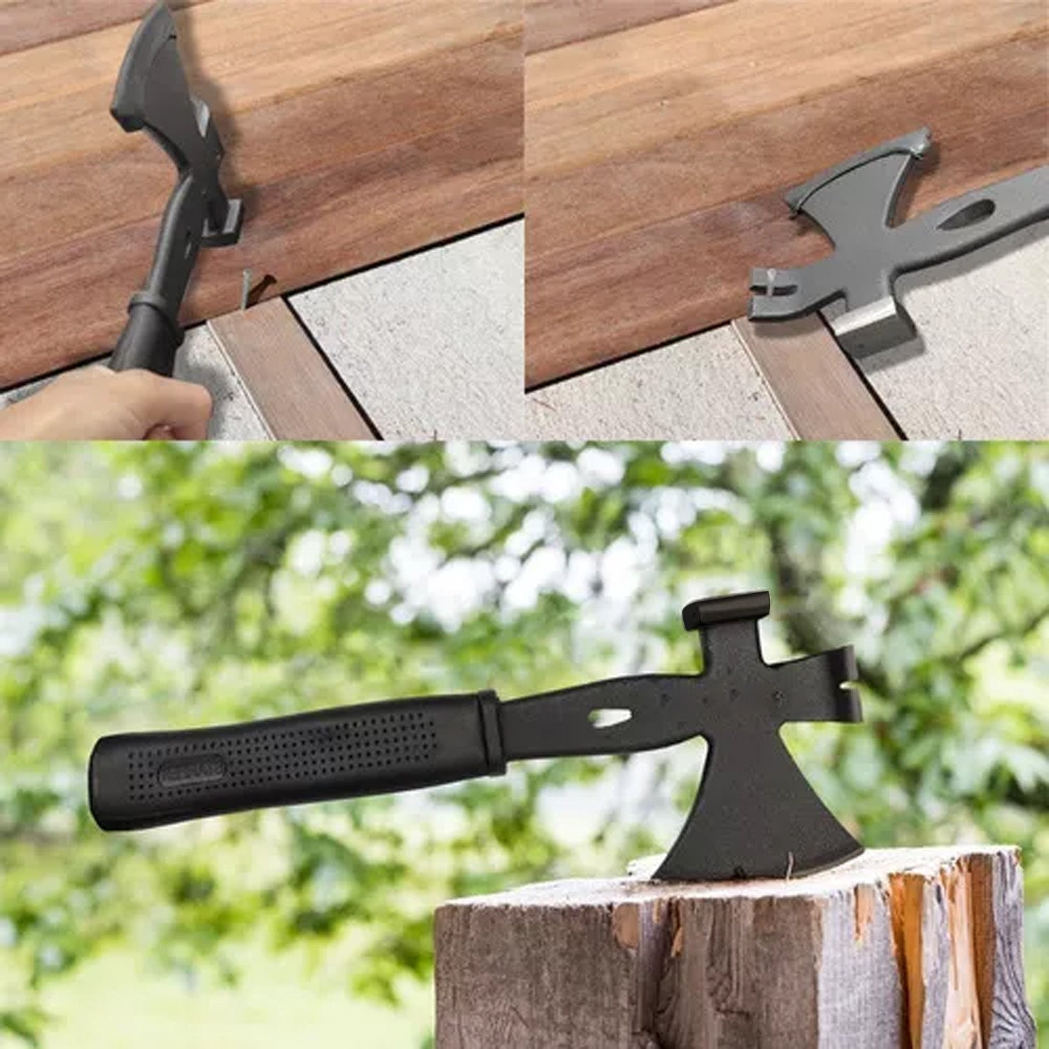 Ergonomic camping axe with convenient nail remover and heavy-duty hammer.