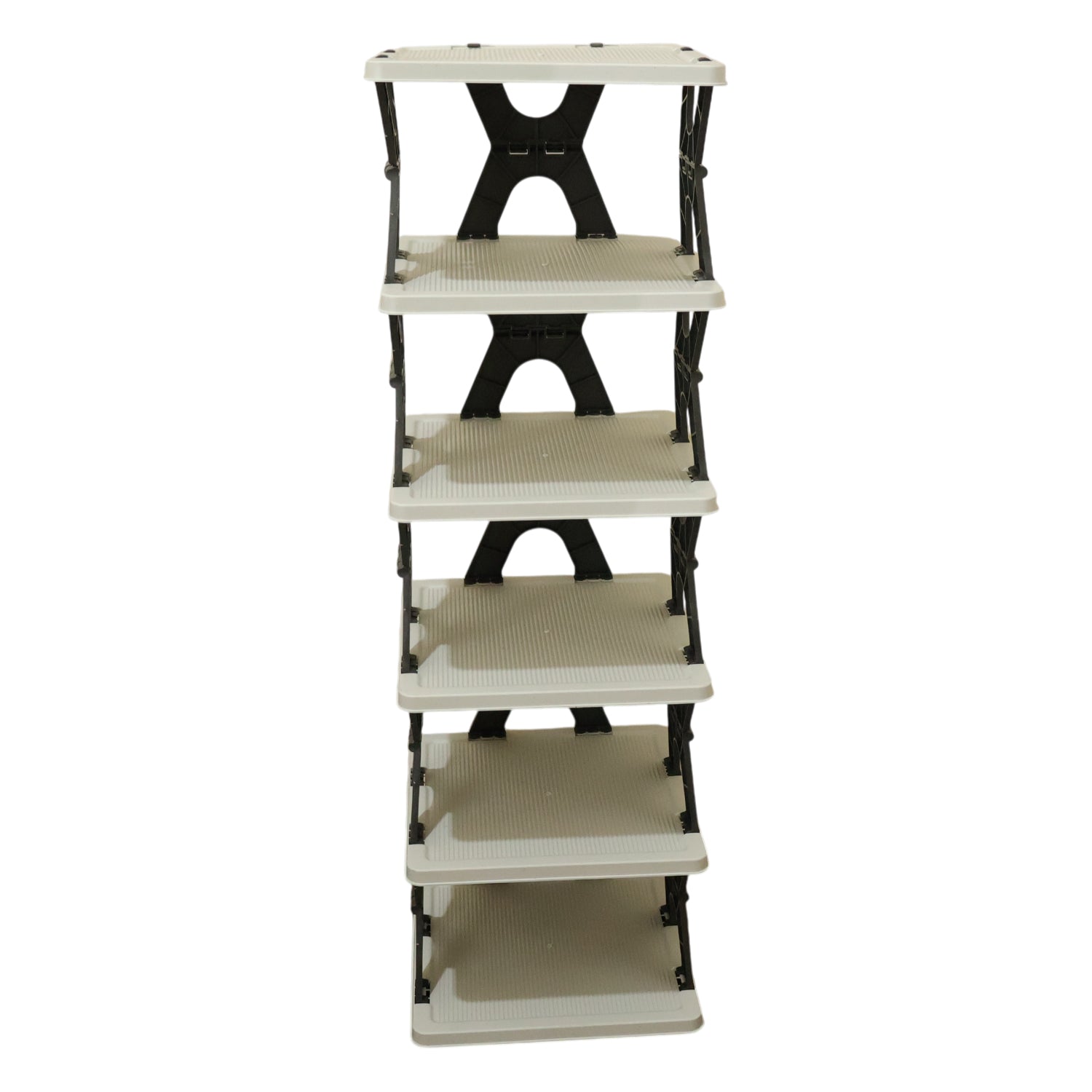 Lifestyle view of 6 layer shoe rack stand in home entryway
