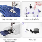 Comparison image showing the mini sewing machine next to a larger, traditional model.