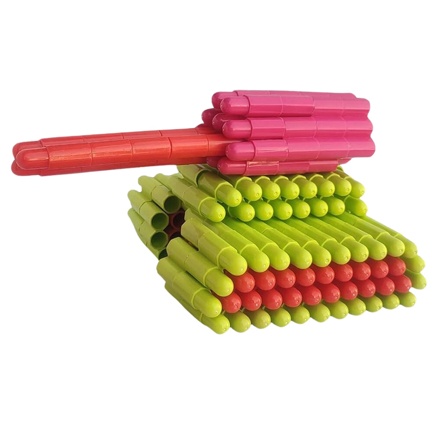 Close-up of the 88 pieces of bullet-shaped building blocks in various colors.