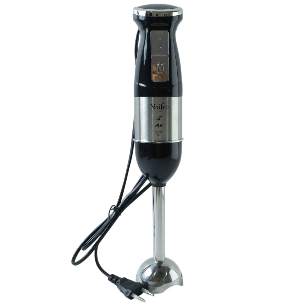 Immersion blender with four stainless steel blades blending soup in bowl
