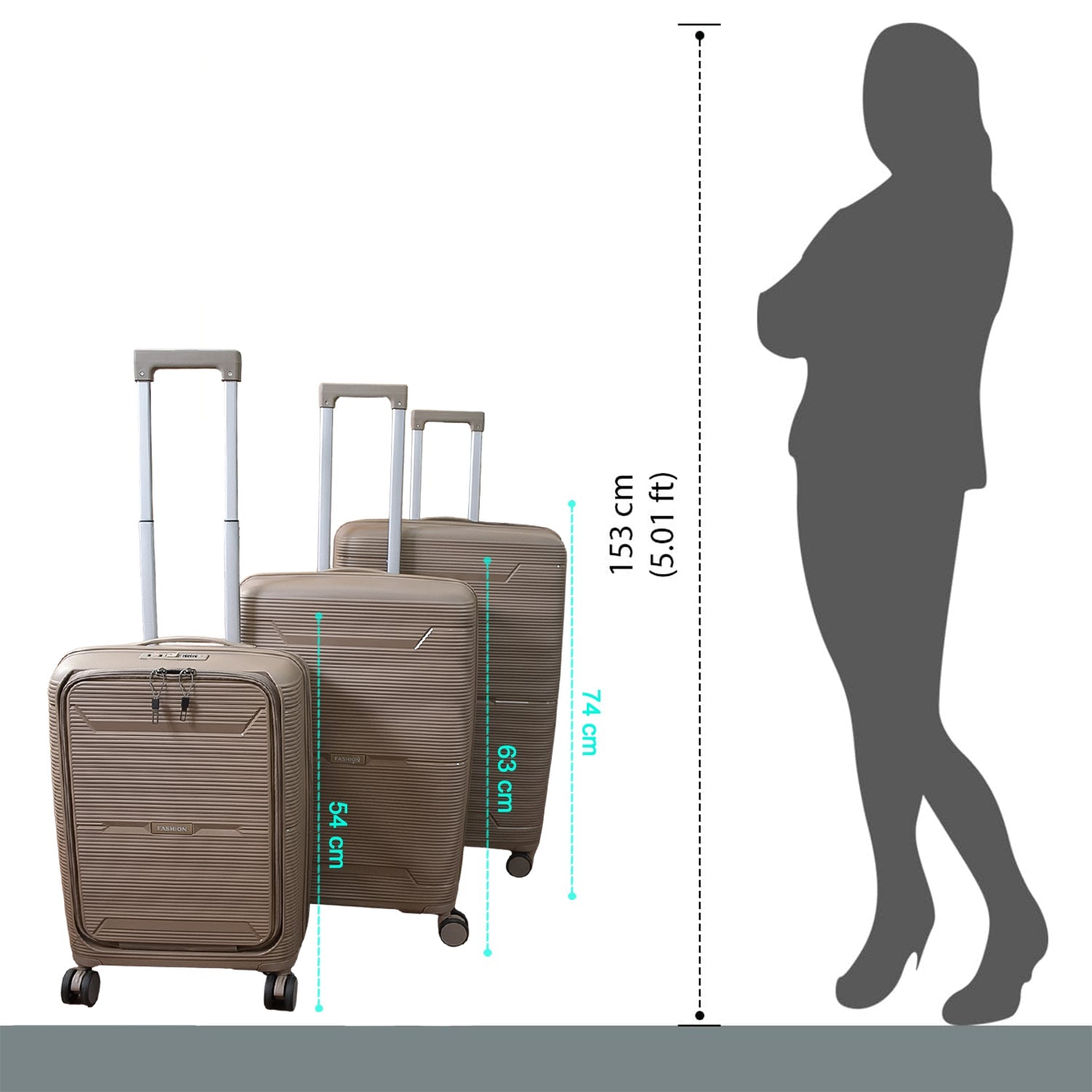 Hard-shell trolley luggage showing secure zipped compartments