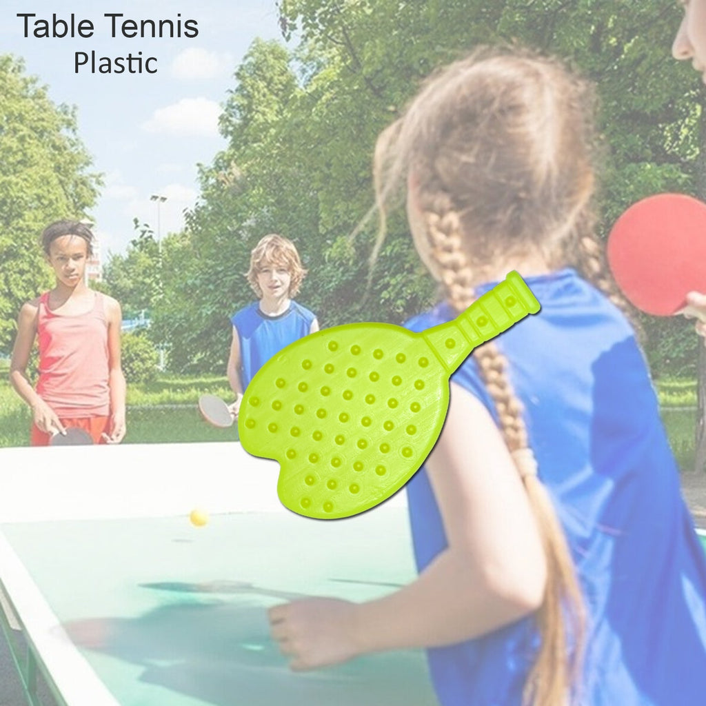 Brightly colored kids table tennis set, showing a racquet and ball on a clean background.